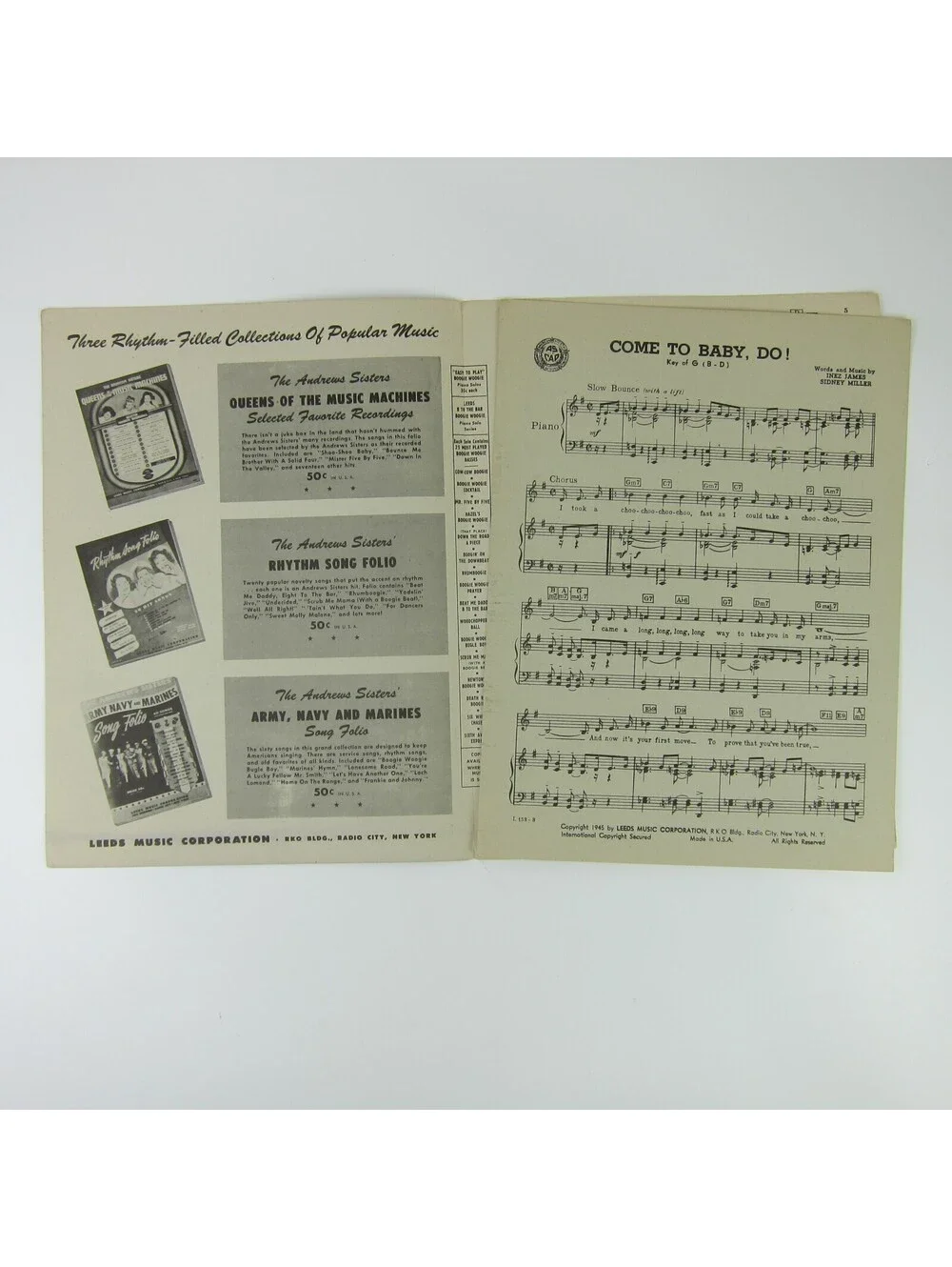 Sheet Music Come To Baby, Do Nat King Cole Trio Inez James Sidney Miller 1945